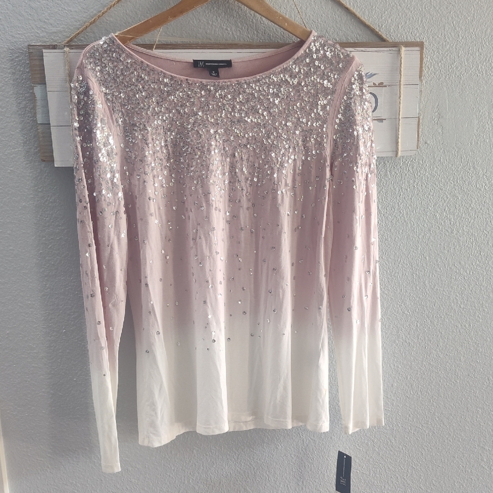INC International Concepts Sequin Pale Mauve Long Sleeve Top
